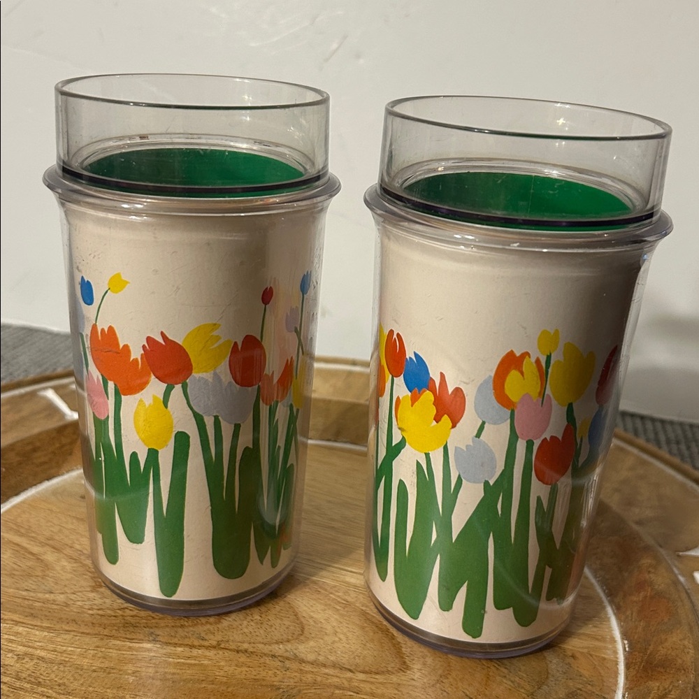 vintage Thermo-Serv plastic tumblers featuring Audrey St. Tropez Tulip pattern